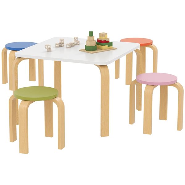 Ensemble Table Et 4 Tabourets Enfant Bois - 5 Pièces Avec Rangement, Meuble Chambre Et Salle De Jeux