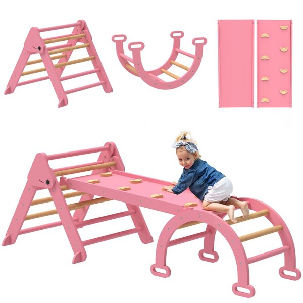 Qaba 7-in-1 Foldable Wooden Climbing and Pikler Triangle Play Set with Arch, Ramp + Ladder for Toddlers Ages 1–4, Pink