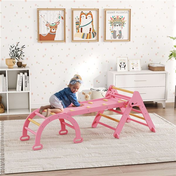 Qaba 7-in-1 Foldable Wooden Climbing and Pikler Triangle Play Set with Arch, Ramp + Ladder for Toddlers Ages 1–4, Pink