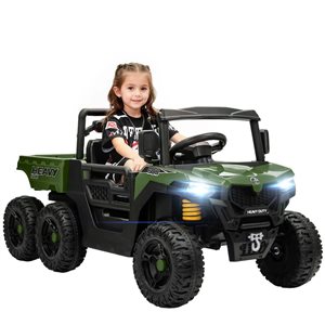 Qaba 24V Battery Powered Electric 4WD Ride On Car with 6 Wheels with Dump Bed for Kids 3–8 - Green