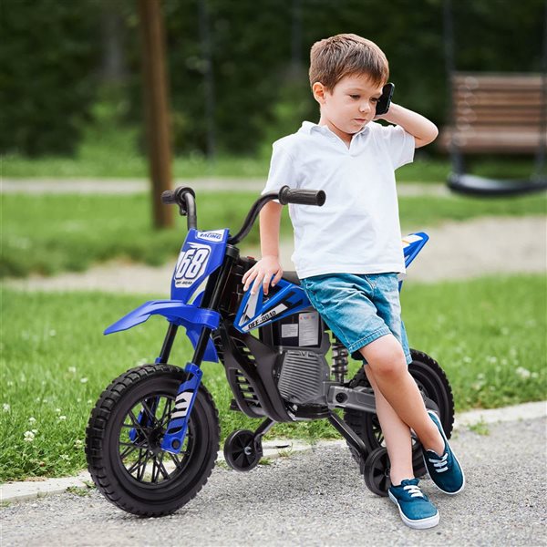 Qaba 12V Electric Kids Motorcycle Dirt Bike with Twist Grip Throttle and Training Wheels for Ages 3–6 - Blue