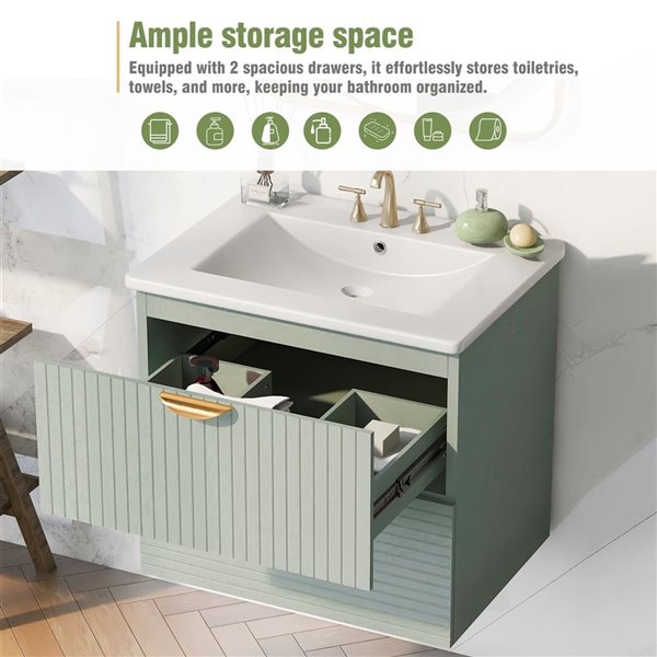 RAINLEX 48-in Modern Wall-Mounted Double Bathroom Vanity Set w/ Dual Sinks and 4 Drawers- Green