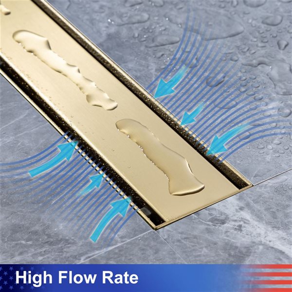 RAINLEX 24-in W Linear Grid Stainless Steel Shower Drain w/ Parallel Slots - Brushed Gold