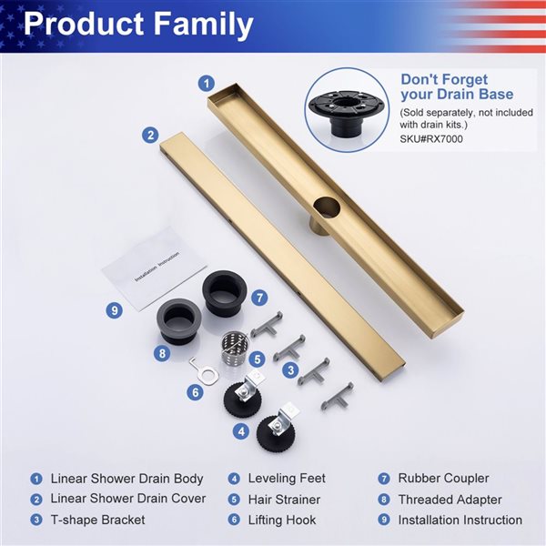 RAINLEX 24-in W Linear Grid Stainless Steel Shower Drain w/ Parallel Slots - Brushed Gold