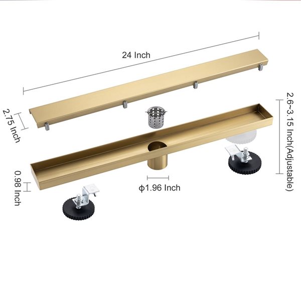RAINLEX 24-in W Linear Grid Stainless Steel Shower Drain w/ Parallel Slots - Brushed Gold