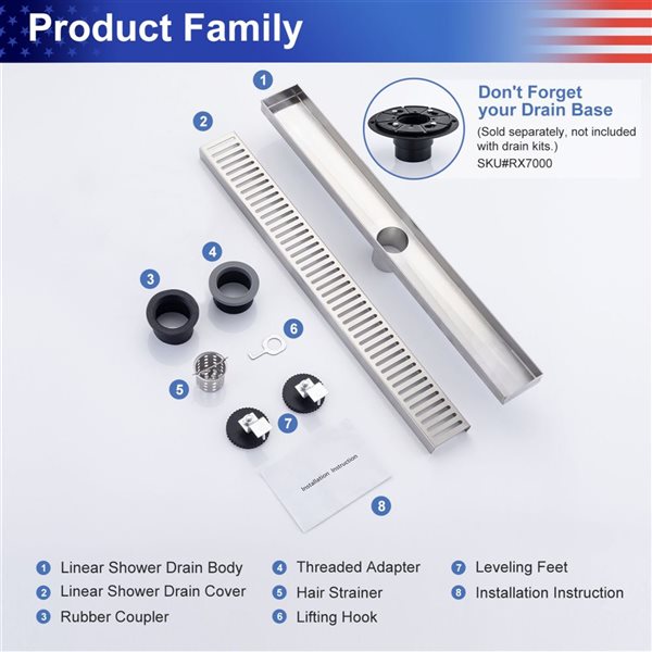 RAINLEX 24-in W Linear Grid Stainless Steel Shower Drain - Brushed Nickel