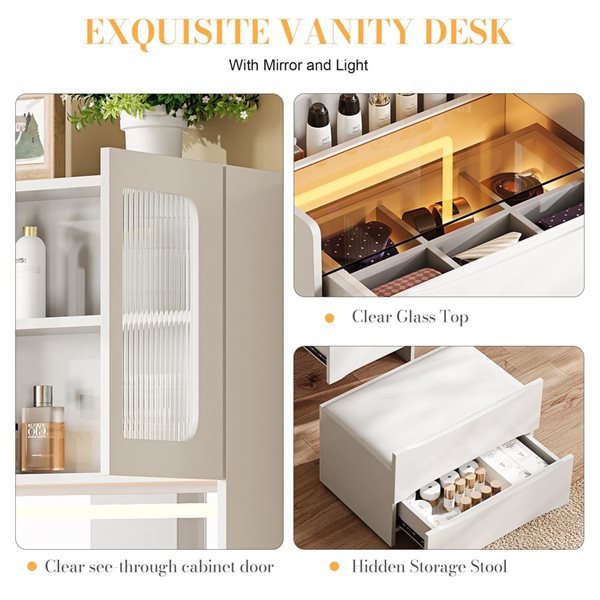 RAINLEX 3-in-1 Vanity Desk w/ LED Mirror, Storage Stool and 5 Organizer Spaces - White