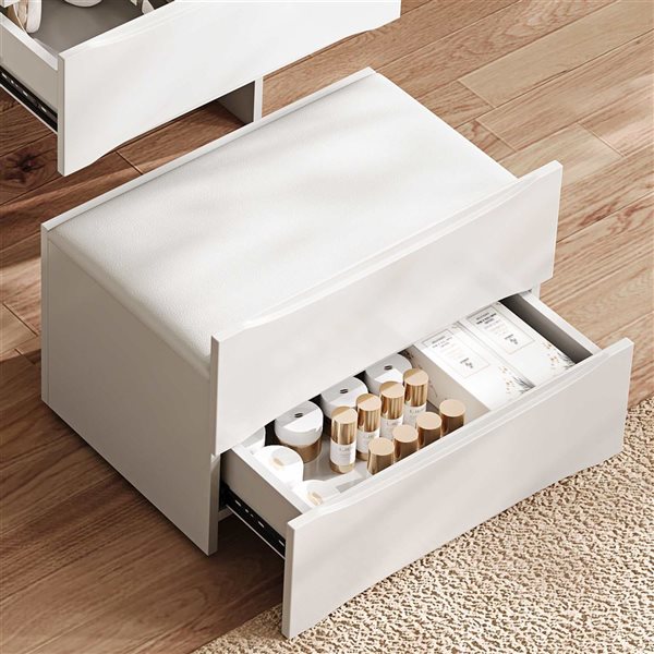 RAINLEX 3-in-1 Vanity Desk w/ LED Mirror, Storage Stool and 5 Organizer Spaces - White