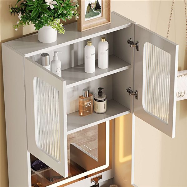 RAINLEX 3-in-1 Vanity Desk w/ LED Mirror, Storage Stool and 5 Organizer Spaces - White