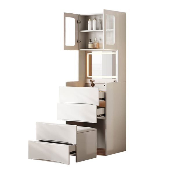 RAINLEX 3-in-1 Vanity Desk w/ LED Mirror, Storage Stool and 5 Organizer Spaces - White