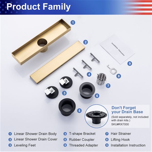 RAINLEX 12-in W Linear Grid Stainless Steel Shower Drain w/ Parallel Slots - Brushed Gold