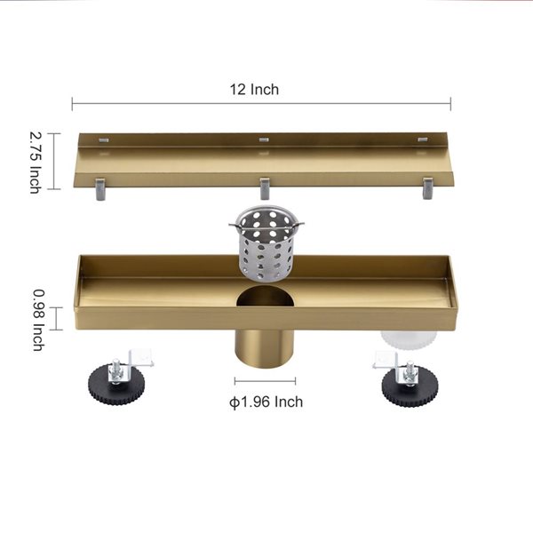 RAINLEX 12-in W Linear Grid Stainless Steel Shower Drain w/ Parallel Slots - Brushed Gold