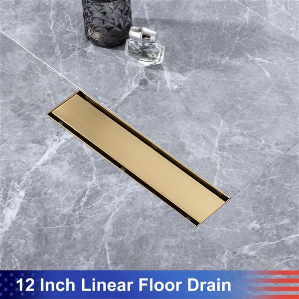 RAINLEX 12-in W Linear Grid Stainless Steel Shower Drain w/ Parallel Slots - Brushed Gold