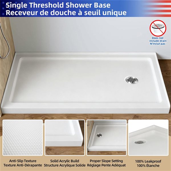 RAINLEX 60 x 32-in Single Threshold Shower Pan Base w/ Right Side Drain - White