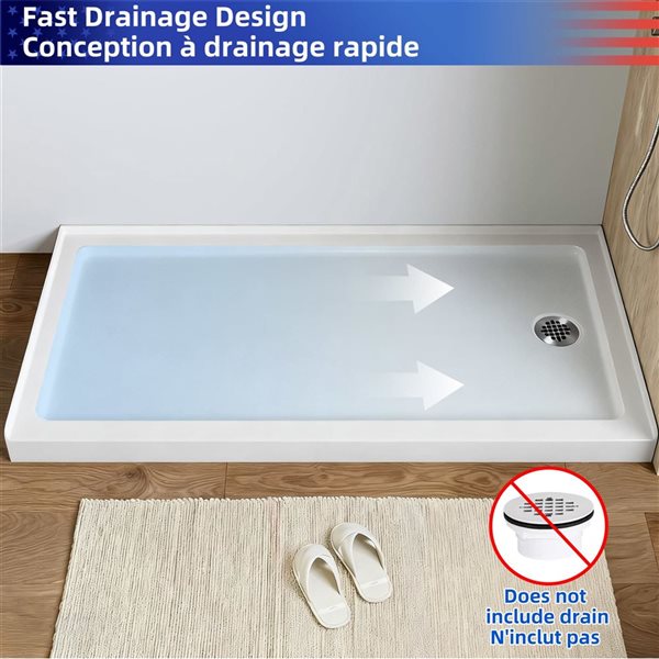 RAINLEX 60 x 32-in Single Threshold Shower Pan Base w/ Right Side Drain - White