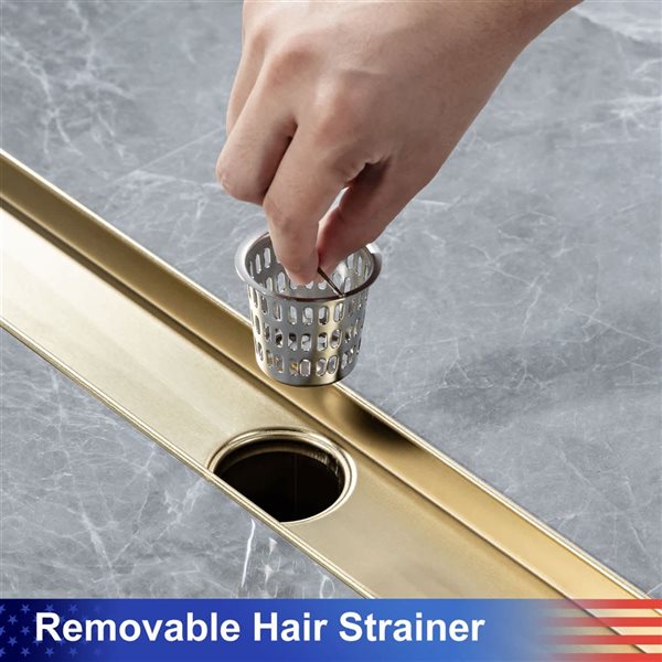 RAINLEX 28-in W Linear Grid Stainless Steel Shower Drain w/ Multiple Slots - Brushed Gold