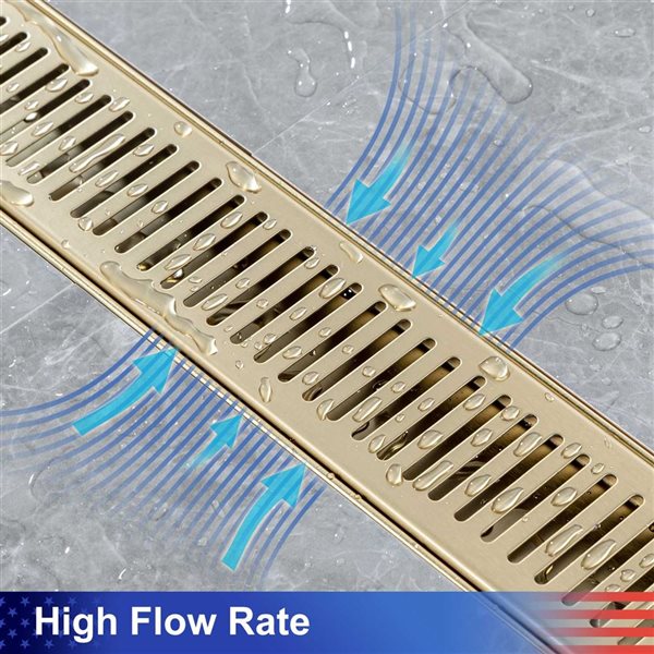 RAINLEX 28-in W Linear Grid Stainless Steel Shower Drain w/ Multiple Slots - Brushed Gold