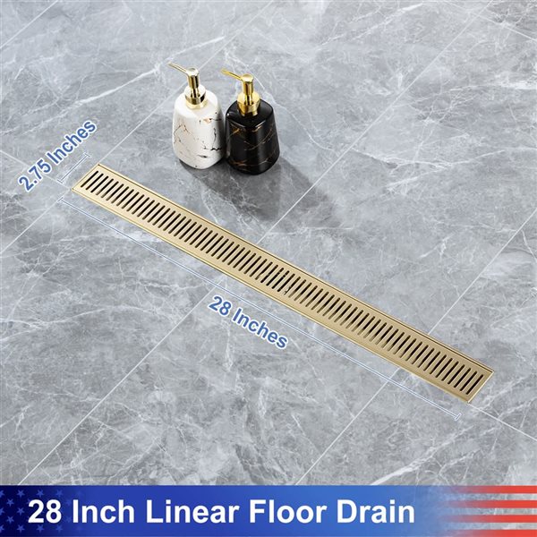 RAINLEX 28-in W Linear Grid Stainless Steel Shower Drain w/ Multiple Slots - Brushed Gold