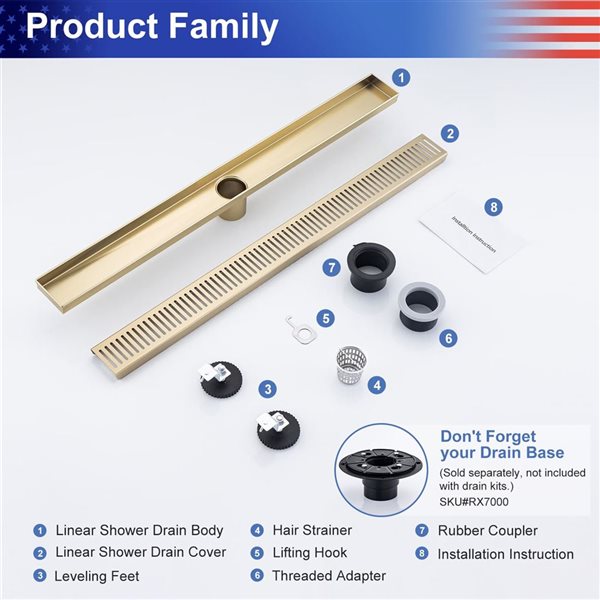 RAINLEX 28-in W Linear Grid Stainless Steel Shower Drain w/ Multiple Slots - Brushed Gold
