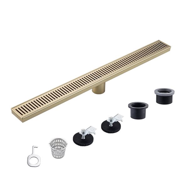 RAINLEX 28-in W Linear Grid Stainless Steel Shower Drain w/ Multiple Slots - Brushed Gold