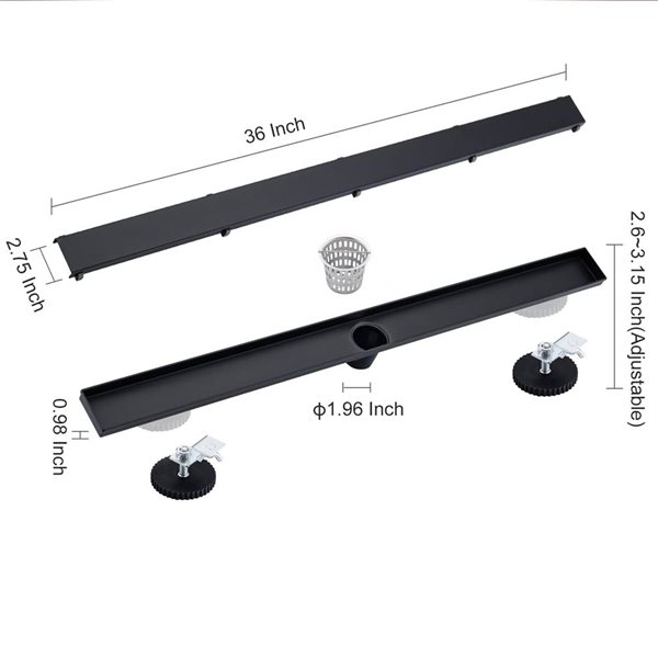 RAINLEX 36-in W Linear Grid Stainless Steel Shower Drain w/ Parallel Slots - Matte Black