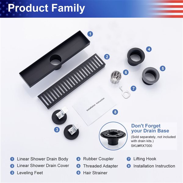 RAINLEX 12-in W Linear Grid Stainless Steel Shower Drain w/ Multiple Slots - Matte Black