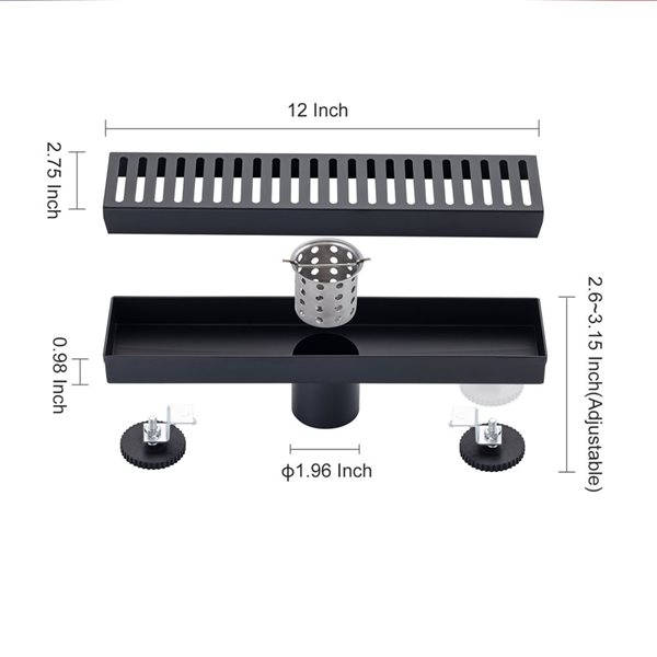 RAINLEX 12-in W Linear Grid Stainless Steel Shower Drain w/ Multiple Slots - Matte Black