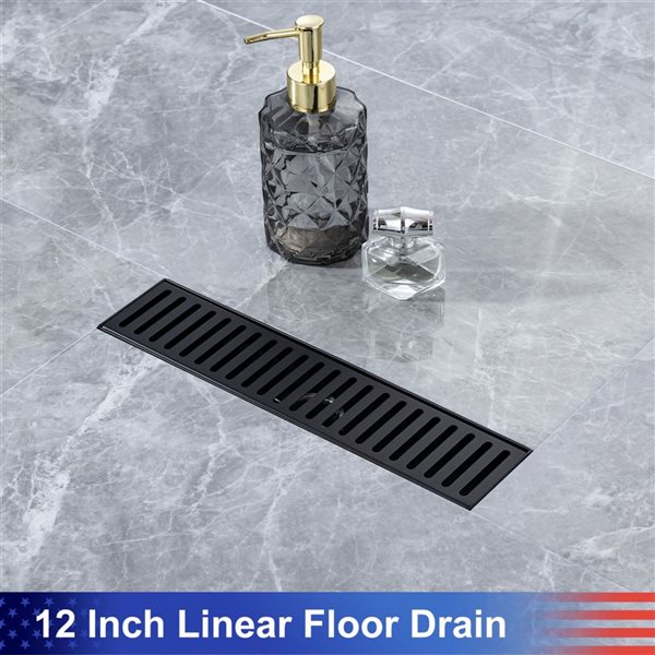 RAINLEX 12-in W Linear Grid Stainless Steel Shower Drain w/ Multiple Slots - Matte Black
