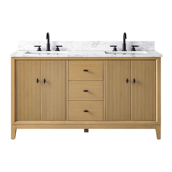 Vanity Art 60 x 22 x 38-in Natural Oak <Double Sink Freestanding Bath Vanity with Engineered Marble Top