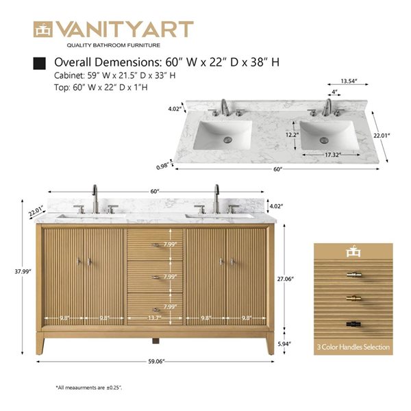 Vanity Art 60 x 22 x 38-in Natural Oak <Double Sink Freestanding Bath Vanity with Engineered Marble Top