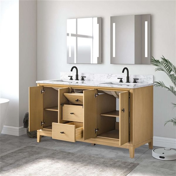 Vanity Art 60 x 22 x 38-in Natural Oak <Double Sink Freestanding Bath Vanity with Engineered Marble Top