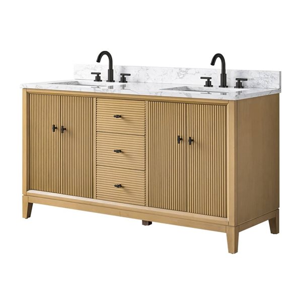 Vanity Art 60 x 22 x 38-in Natural Oak <Double Sink Freestanding Bath Vanity with Engineered Marble Top