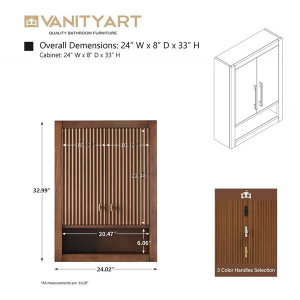 Vanity Art 24 x 8 x 33-in Linear Walnut Bathroom Storage Wall Medicine Cabinet with Brushed Nickel Handle