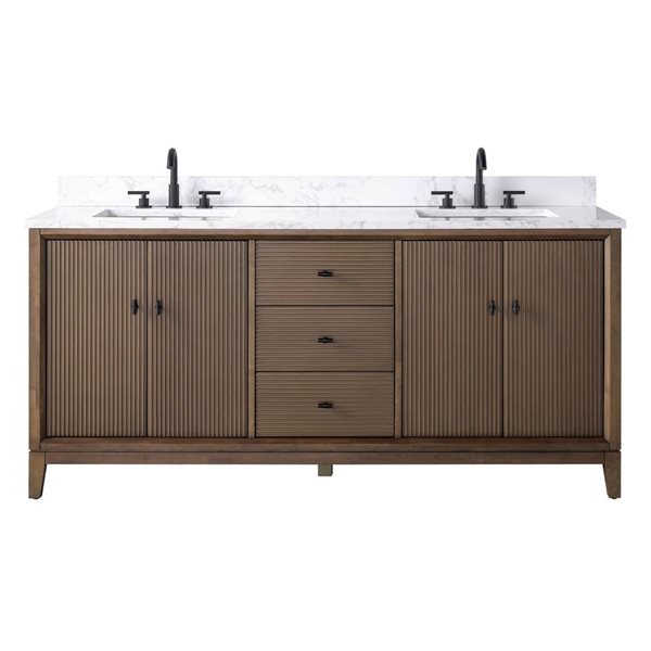 Vanity Art 72 x 22 x 38-in Walnut Double Sink Freestanding Bath Vanity with Engineered Marble Top