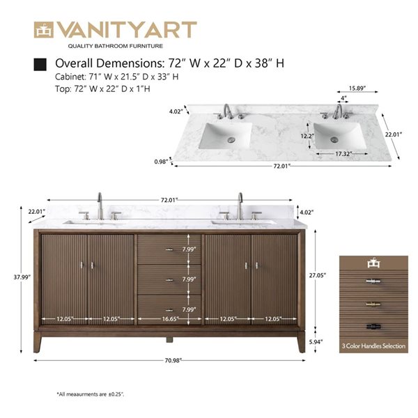 Vanity Art 72 x 22 x 38-in Walnut Double Sink Freestanding Bath Vanity with Engineered Marble Top