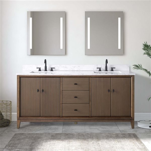Vanity Art 72 x 22 x 38-in Walnut Double Sink Freestanding Bath Vanity with Engineered Marble Top