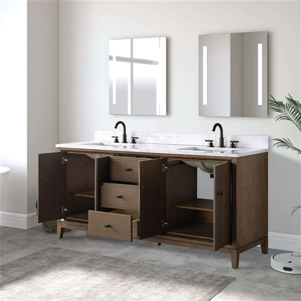 Vanity Art 72 x 22 x 38-in Walnut Double Sink Freestanding Bath Vanity with Engineered Marble Top