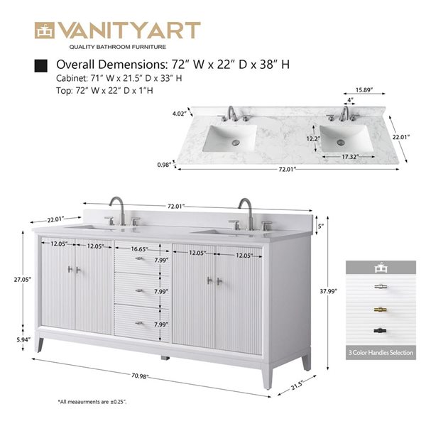 Vanity Art 72 x 22 x 38-in White Double Sink Freestanding Bath Vanity with Engineered Marble Top