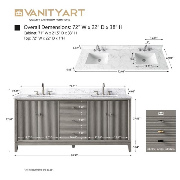 Vanity Art 72 x 22 x 38-in Driftwood Grey Double Sink Freestanding Bath Vanity with Engineered Marble Top