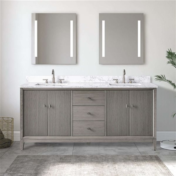 Vanity Art 72 x 22 x 38-in Driftwood Grey Double Sink Freestanding Bath Vanity with Engineered Marble Top