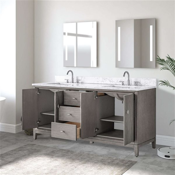 Vanity Art 72 x 22 x 38-in Driftwood Grey Double Sink Freestanding Bath Vanity with Engineered Marble Top