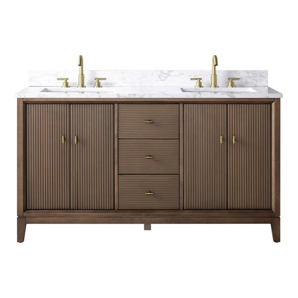Vanity Art 60 x 22 x 38-in Walnut Double Sink Freestanding Bath Vanity with Engineered Marble Top