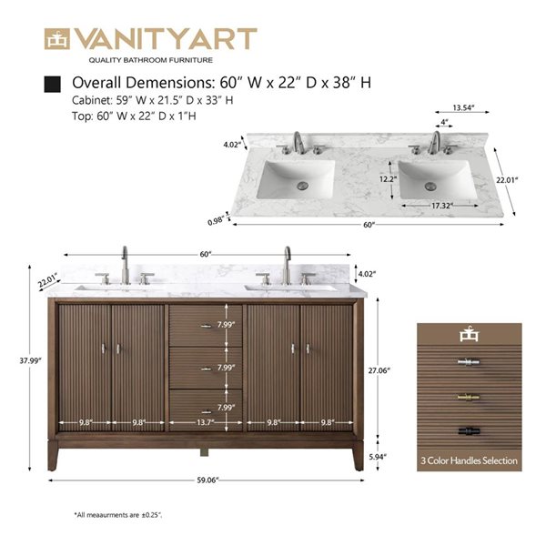 Vanity Art 60 x 22 x 38-in Walnut Double Sink Freestanding Bath Vanity with Engineered Marble Top