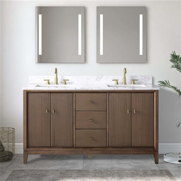 Vanity Art 60 x 22 x 38-in Walnut Double Sink Freestanding Bath Vanity with Engineered Marble Top