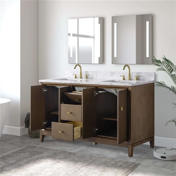 Vanity Art 60 x 22 x 38-in Walnut Double Sink Freestanding Bath Vanity with Engineered Marble Top