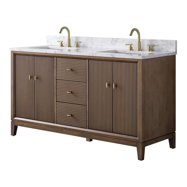 Vanity Art 60 x 22 x 38-in Walnut Double Sink Freestanding Bath Vanity with Engineered Marble Top
