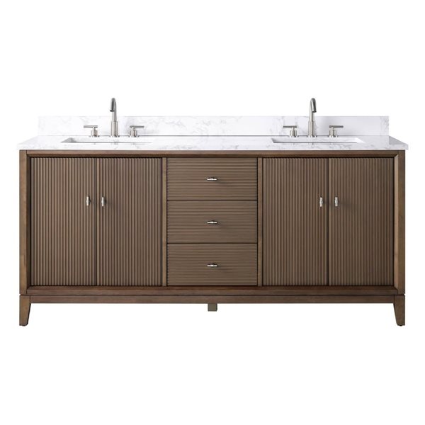 Vanity Art 72 x 22 x 38-in Walnut Double Sink Freestanding Bath Vanity with Engineered Marble Top