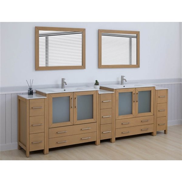 Vanity Art 108 x 18 x 36-in Natural Oak  Double Sink Bath Vanity with Ceramic Top and Mirror