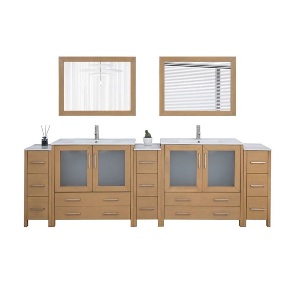 Vanity Art 108 x 18 x 36-in Natural Oak  Double Sink Bath Vanity with Ceramic Top and Mirror
