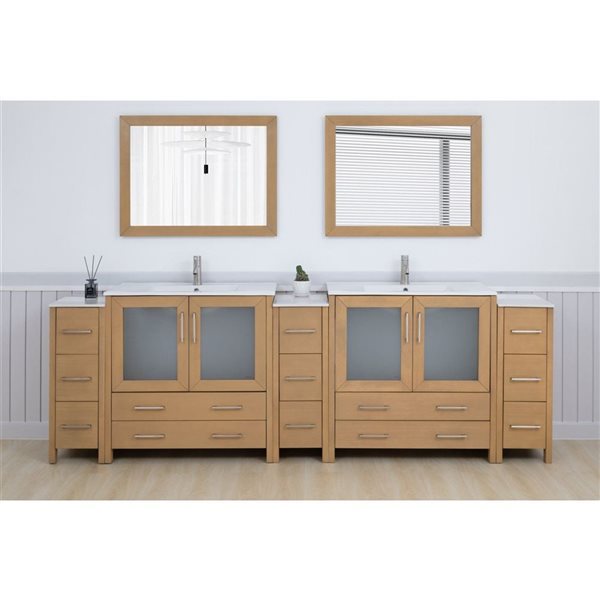 Vanity Art 108 x 18 x 36-in Natural Oak  Double Sink Bath Vanity with Ceramic Top and Mirror